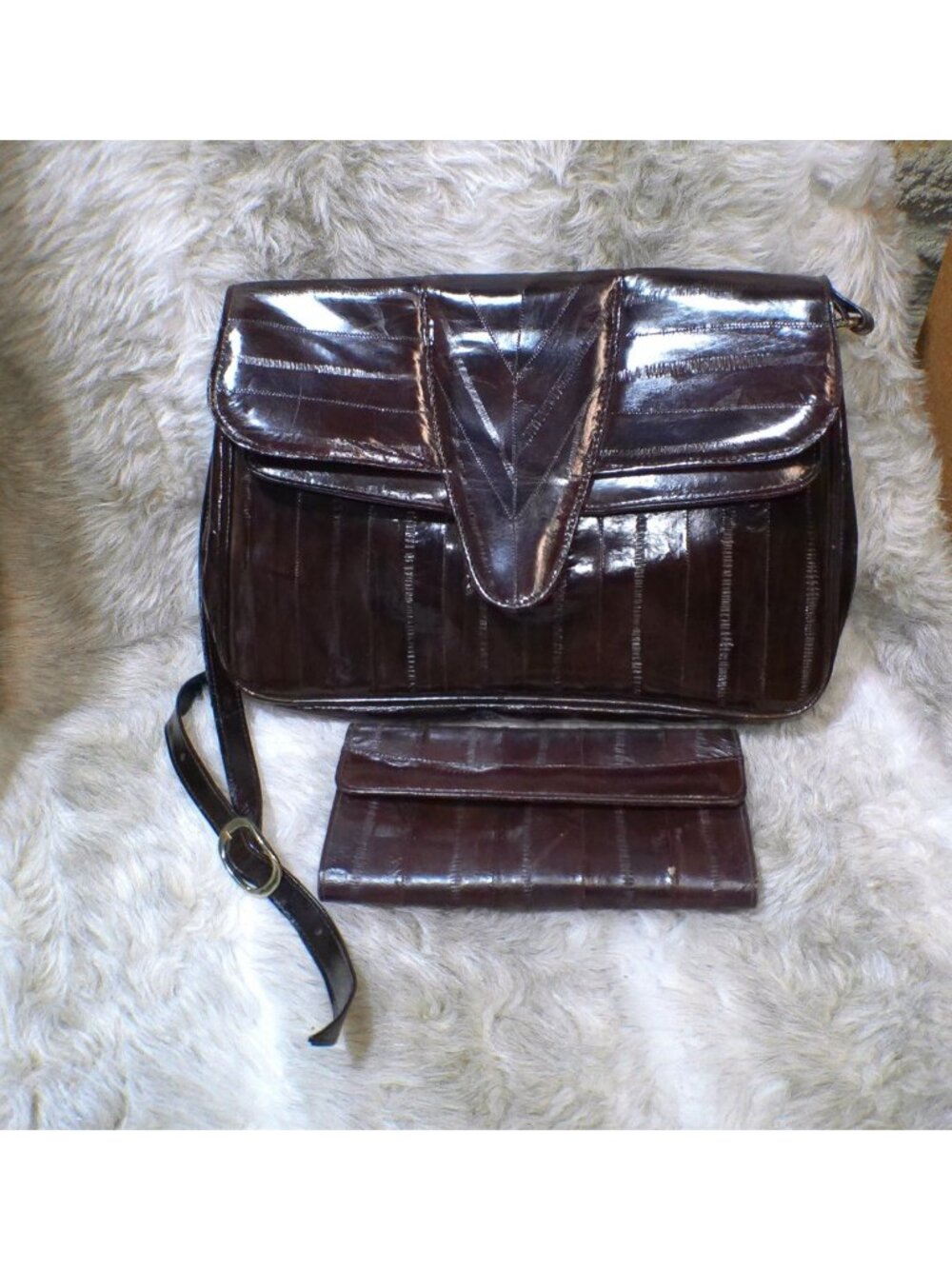 Vintage Eel Skin Handbag Wallet Purse Shoulder Brown Korea